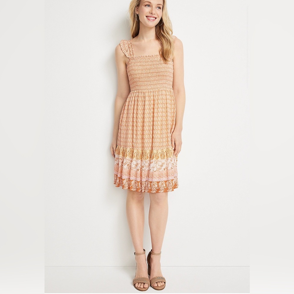 Maurices Floral Mixed Print Smocked Mini Dress Orange yellow size 0X‎